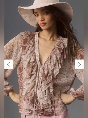 By Anthropologie Long-Sleeve Ruffled Blouse V-Neck Snake Print Blouse Small